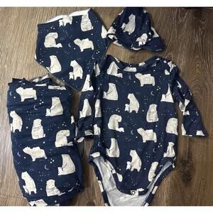 Angel Dear 3-6M Polar Bear Set – Bodysuit, Hat, Bib & Swaddle – Blue Bamboo EUC
